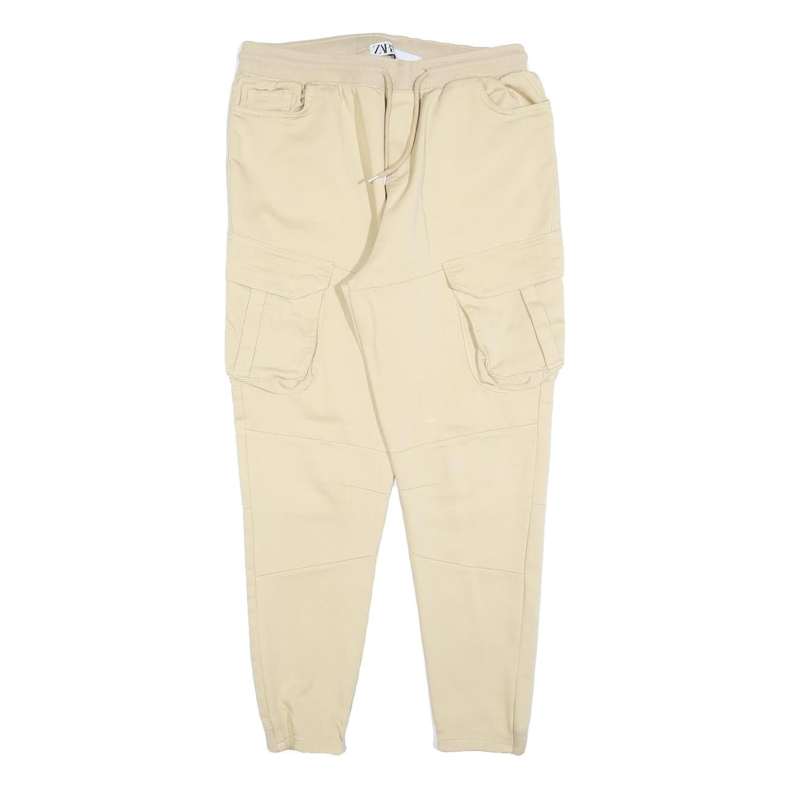 ZARA Womens Cotton Blend Cream Slim Jogger Cargo Trousers W32 L26 Drawstring