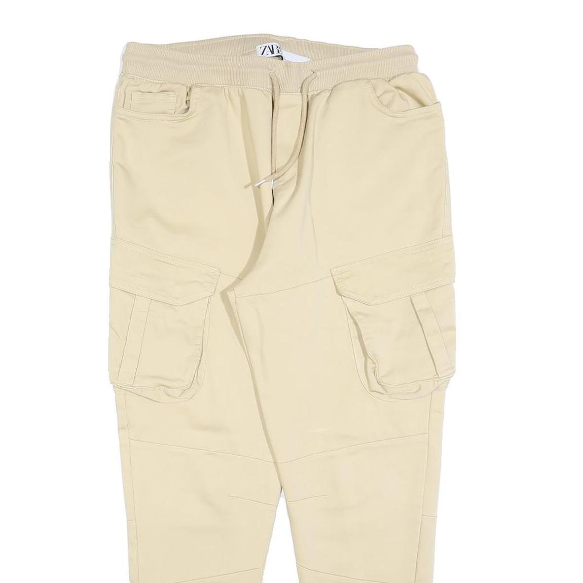 ZARA Womens Cotton Blend Cream Slim Jogger Cargo Trousers W32 L26 Drawstring