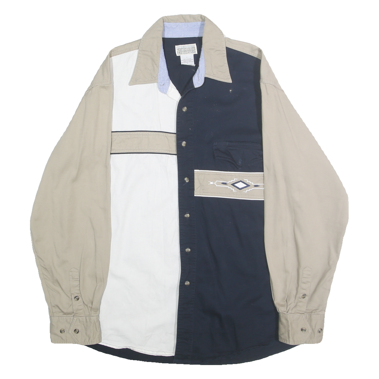 EXPRESS RIDER Mens Beige & Navy Blue Cotton Shirt L Long Sleeve Button Front