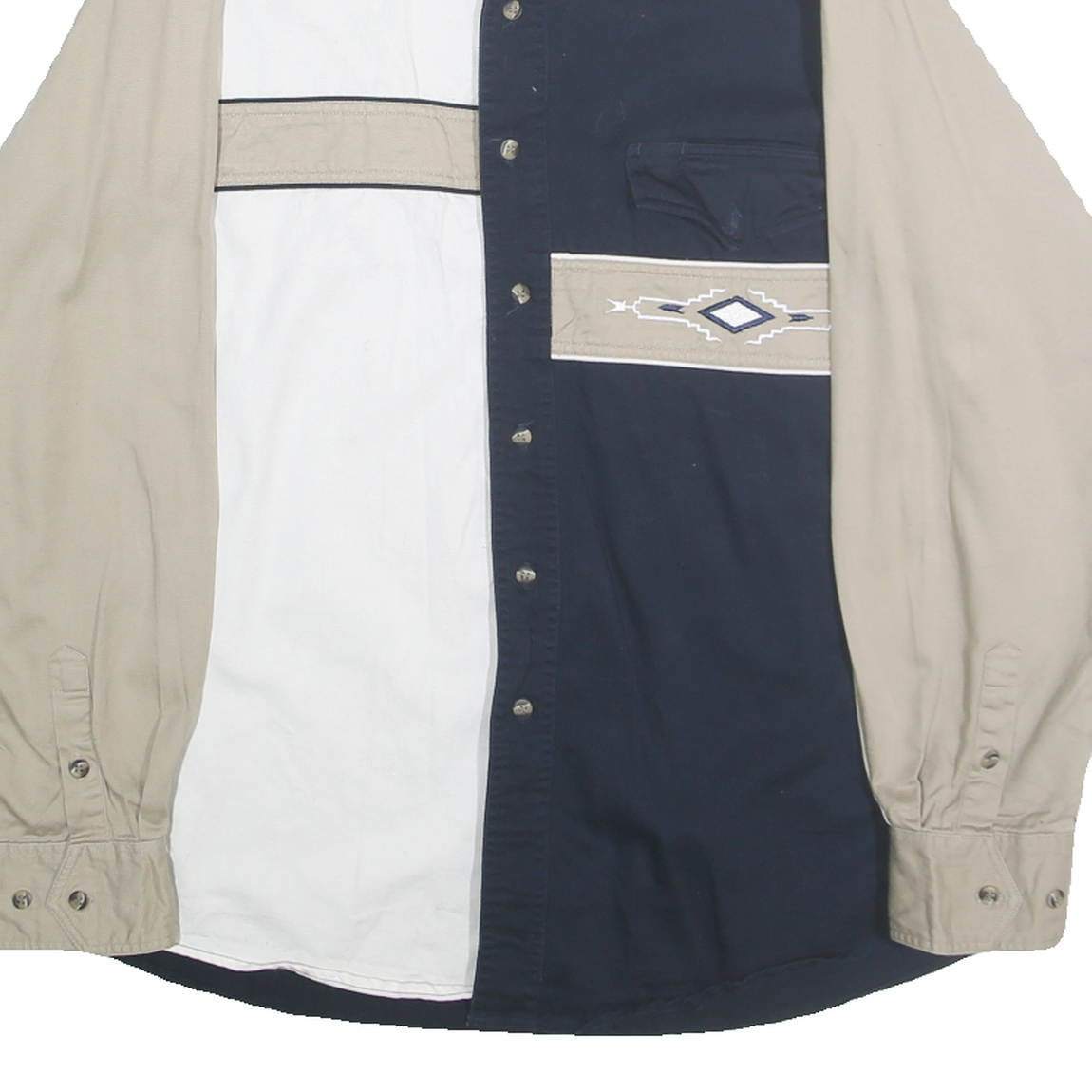 EXPRESS RIDER Mens Beige & Navy Blue Cotton Shirt L Long Sleeve Button Front