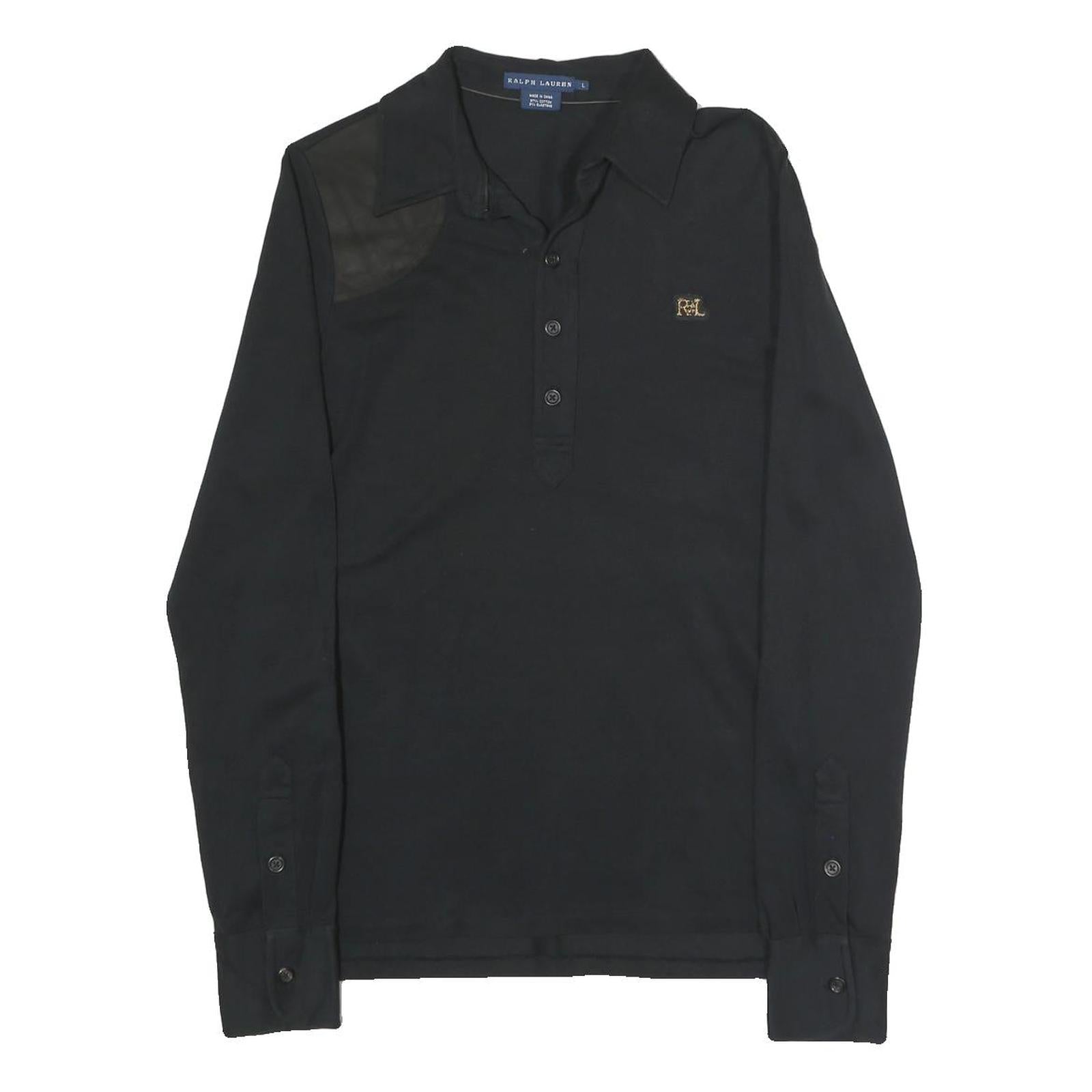 RALPH LAUREN Mens Black Long Sleeve Plain Polo Shirt L Cotton Classic Fit