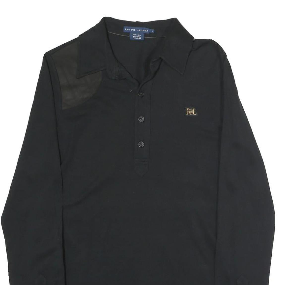 RALPH LAUREN Mens Black Long Sleeve Plain Polo Shirt L Cotton Classic Fit