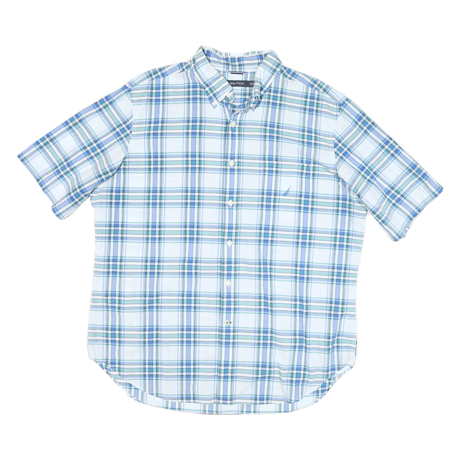 NAUTICA Mens Blue & Green Check Shirt XL Cotton Blend Casual Button Down