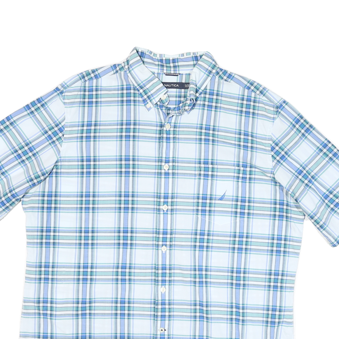 NAUTICA Mens Blue & Green Check Shirt XL Cotton Blend Casual Button Down