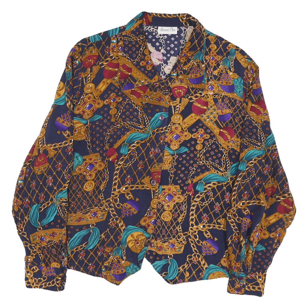SUMMIT PLACE Womens Navy Blue & Gold Pattern Shirt M Vintage Style Button Down