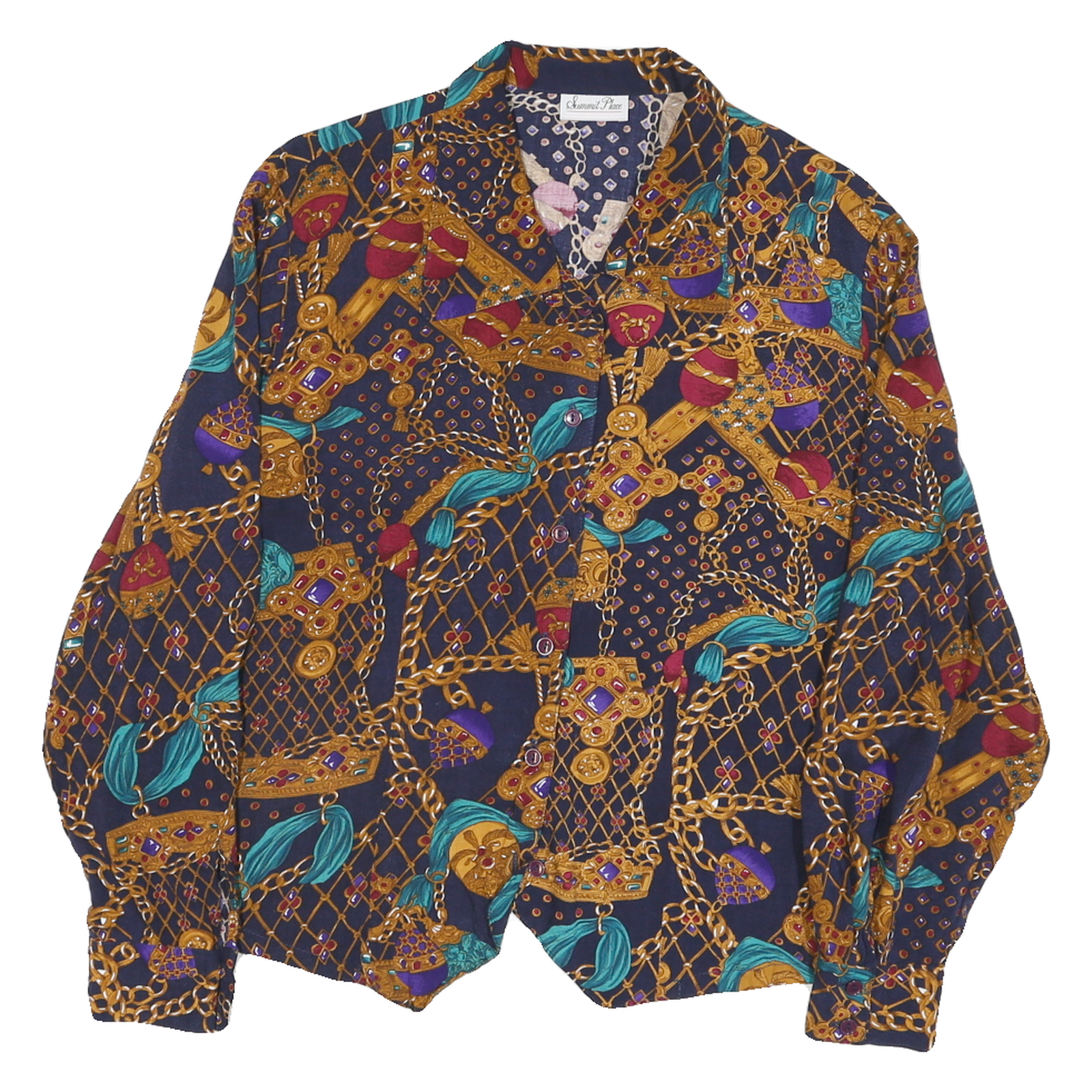 SUMMIT PLACE Womens Navy Blue & Gold Pattern Shirt M Vintage Style Button Down