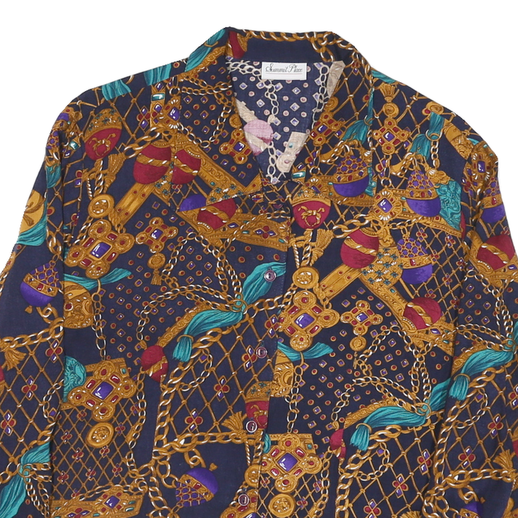 SUMMIT PLACE Womens Navy Blue & Gold Pattern Shirt M Vintage Style Button Down
