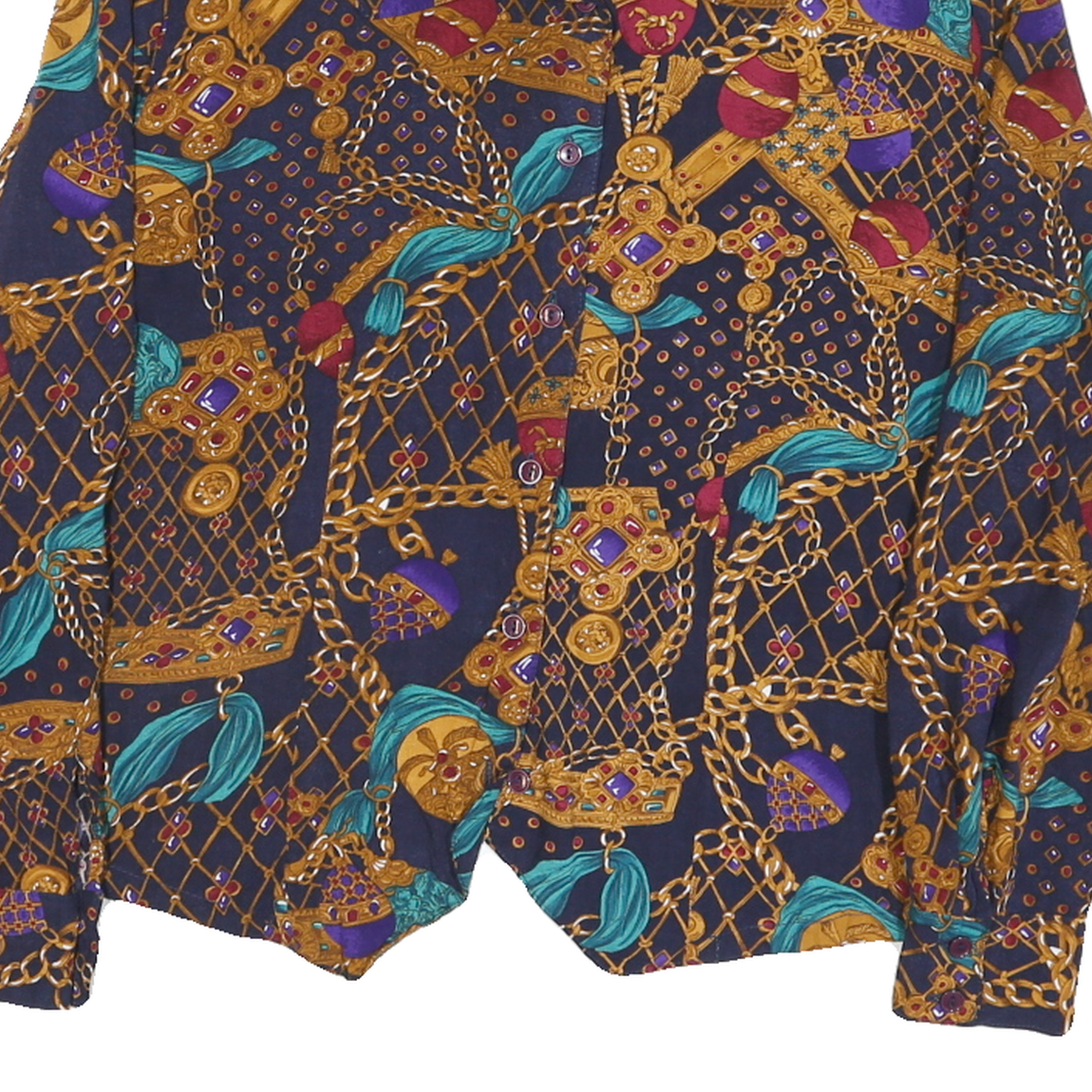 SUMMIT PLACE Womens Navy Blue & Gold Pattern Shirt M Vintage Style Button Down