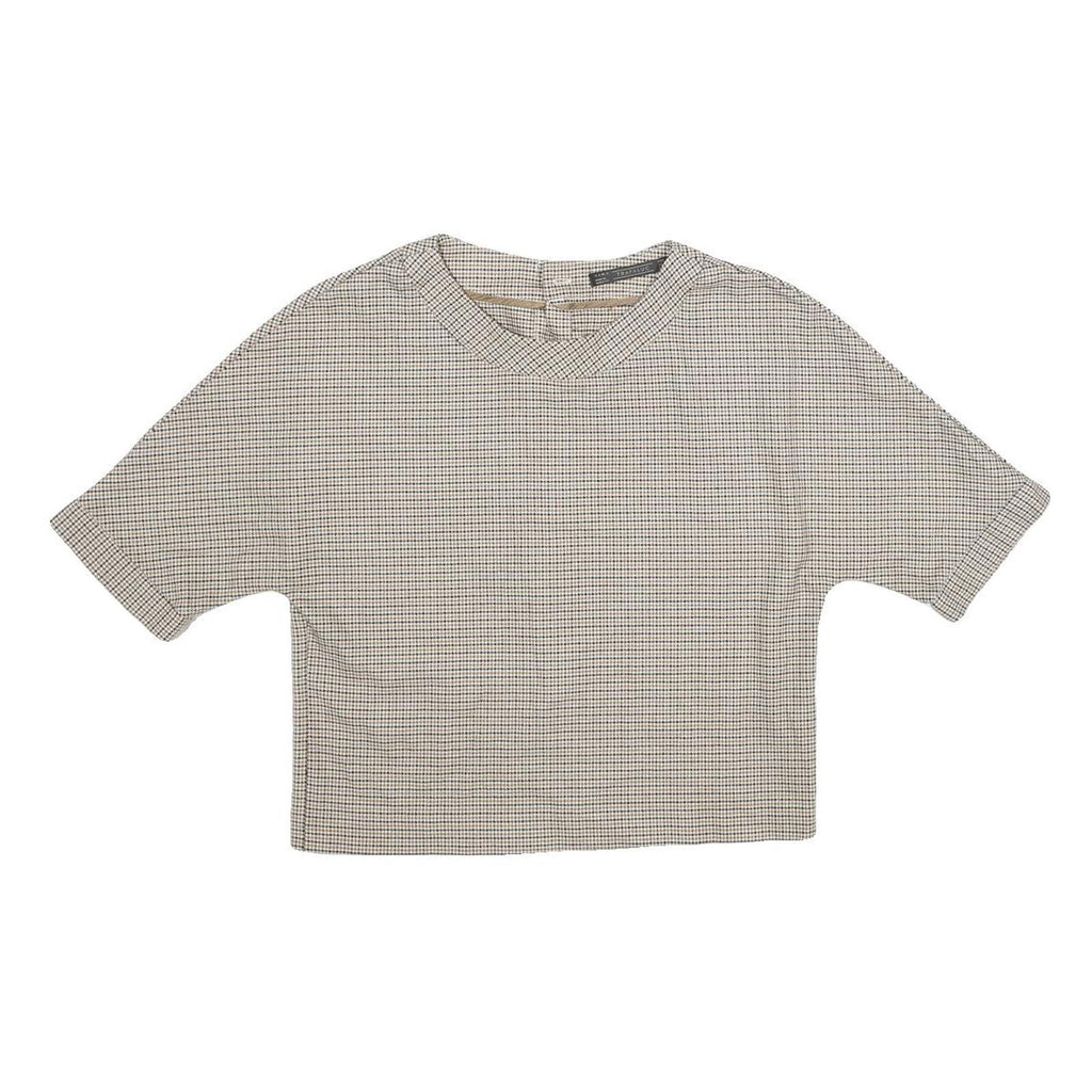ZARA Womens Beige Printed Top Short Sleeve Round Neck XS Button Back Crop
