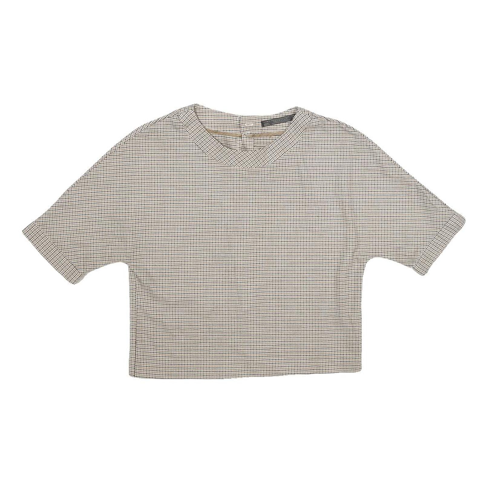 ZARA Womens Beige Printed Top Short Sleeve Round Neck XS Button Back Crop