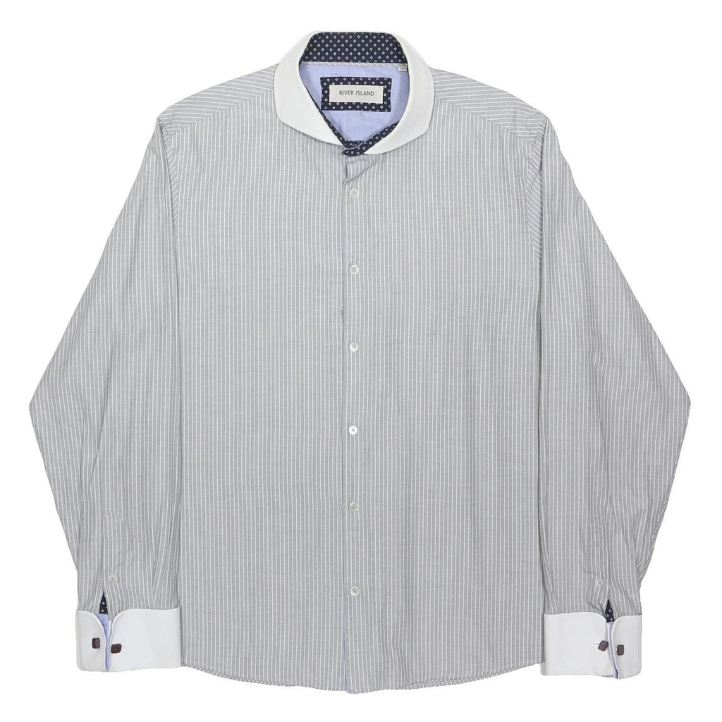 RIVER ISLAND Mens Grey & White Stripe Classic Fit Shirt XL Long Sleeve Button
