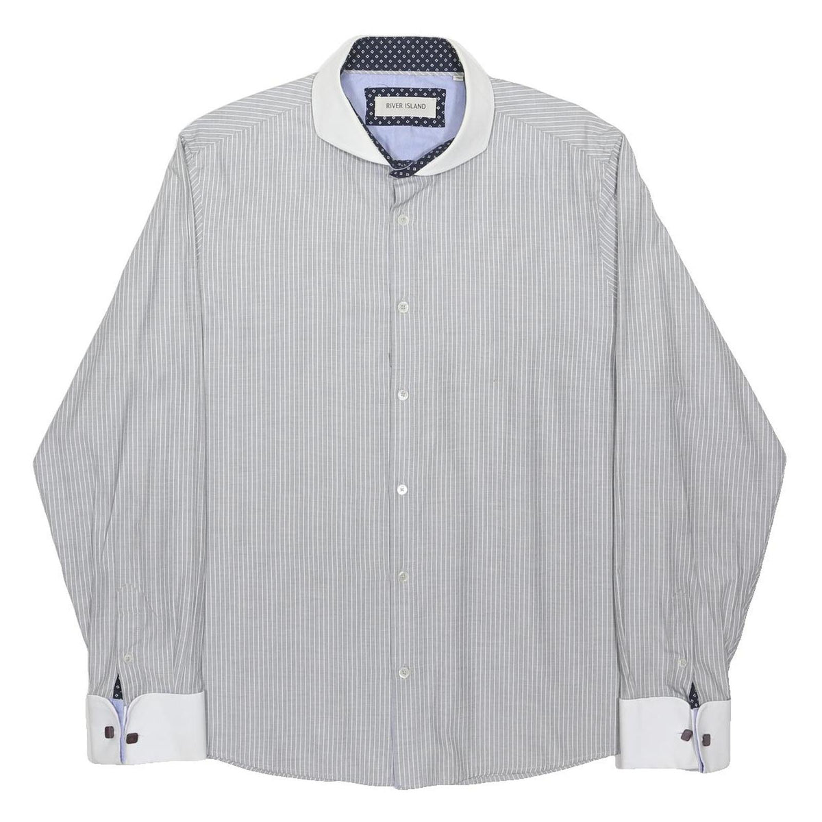 RIVER ISLAND Mens Grey & White Stripe Classic Fit Shirt XL Long Sleeve Button
