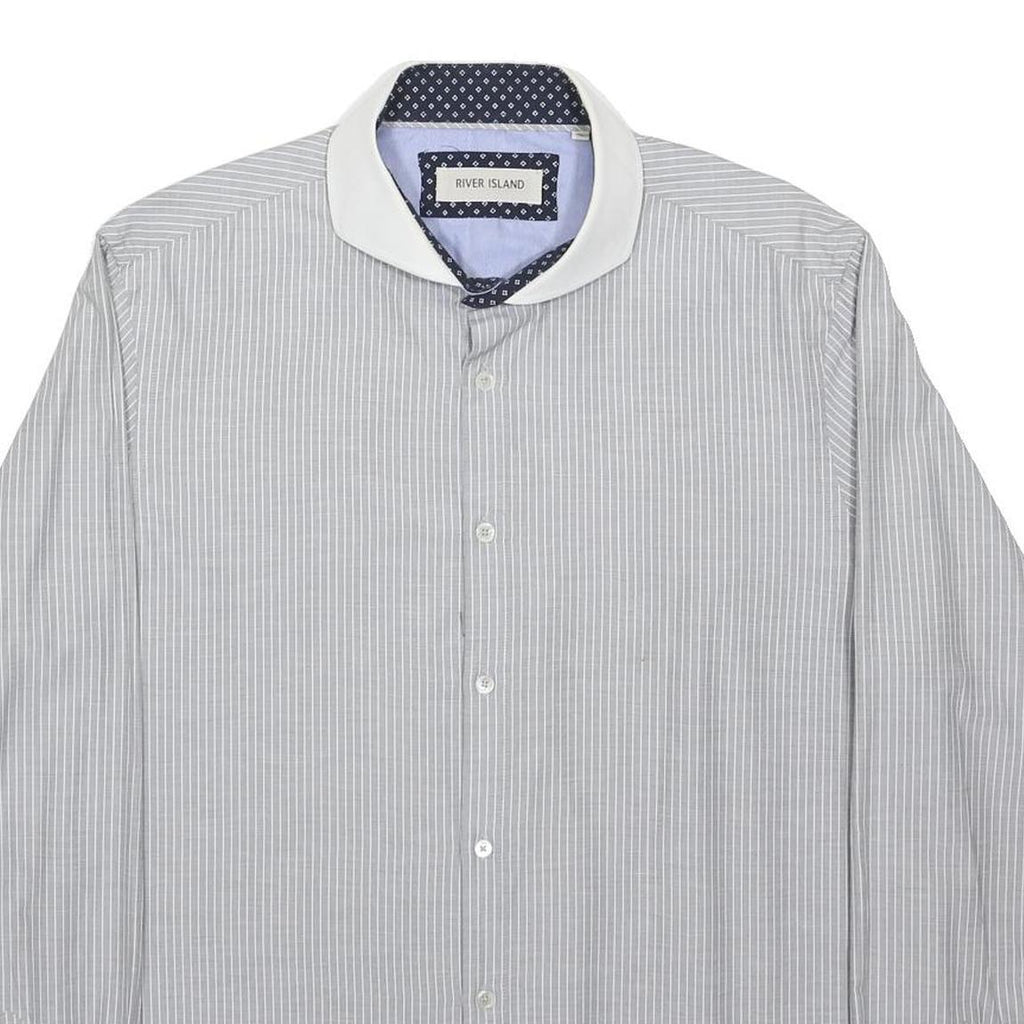 RIVER ISLAND Mens Grey & White Stripe Classic Fit Shirt XL Long Sleeve Button