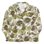 Womens White Green Leaf Print Basic Shirt Long Sleeve Collared Cotton S Button