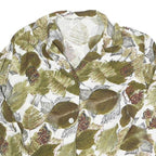 Womens White Green Leaf Print Basic Shirt Long Sleeve Collared Cotton S Button