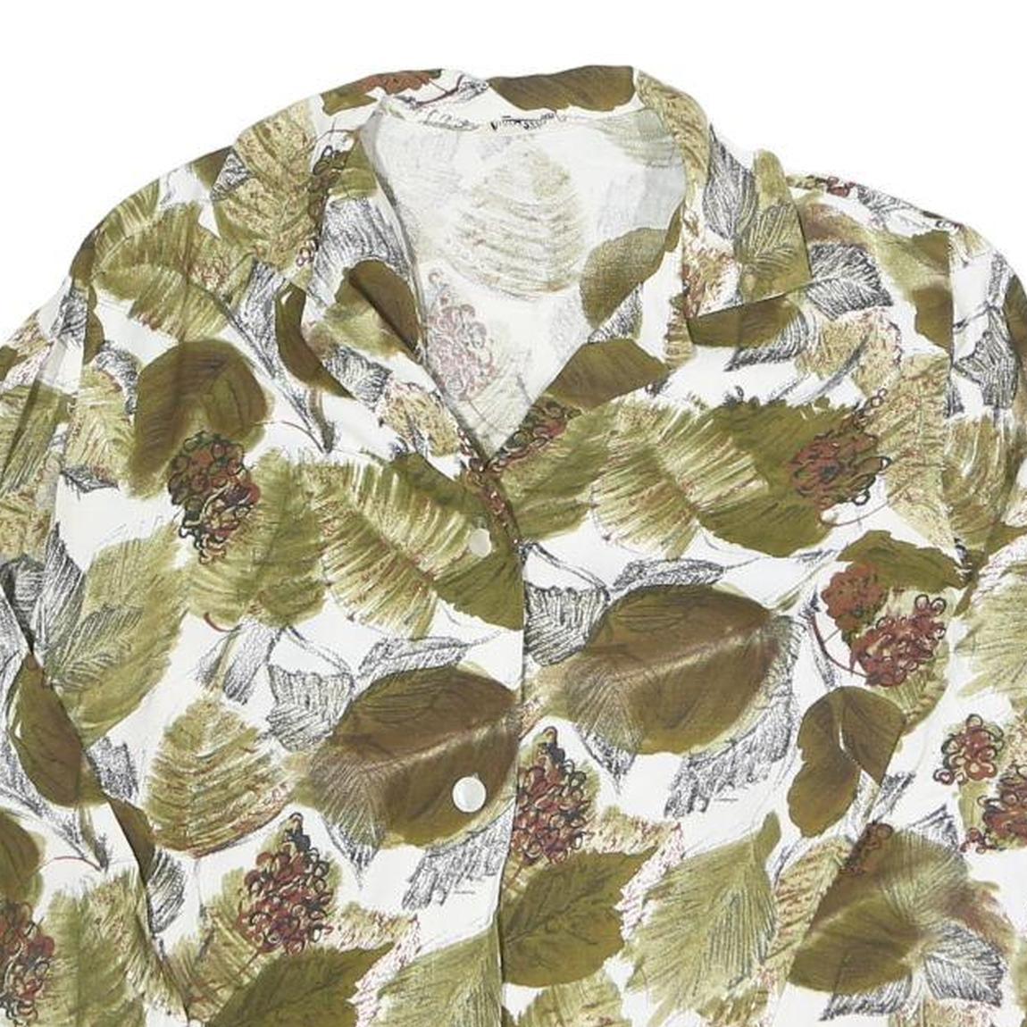 Womens White Green Leaf Print Basic Shirt Long Sleeve Collared Cotton S Button
