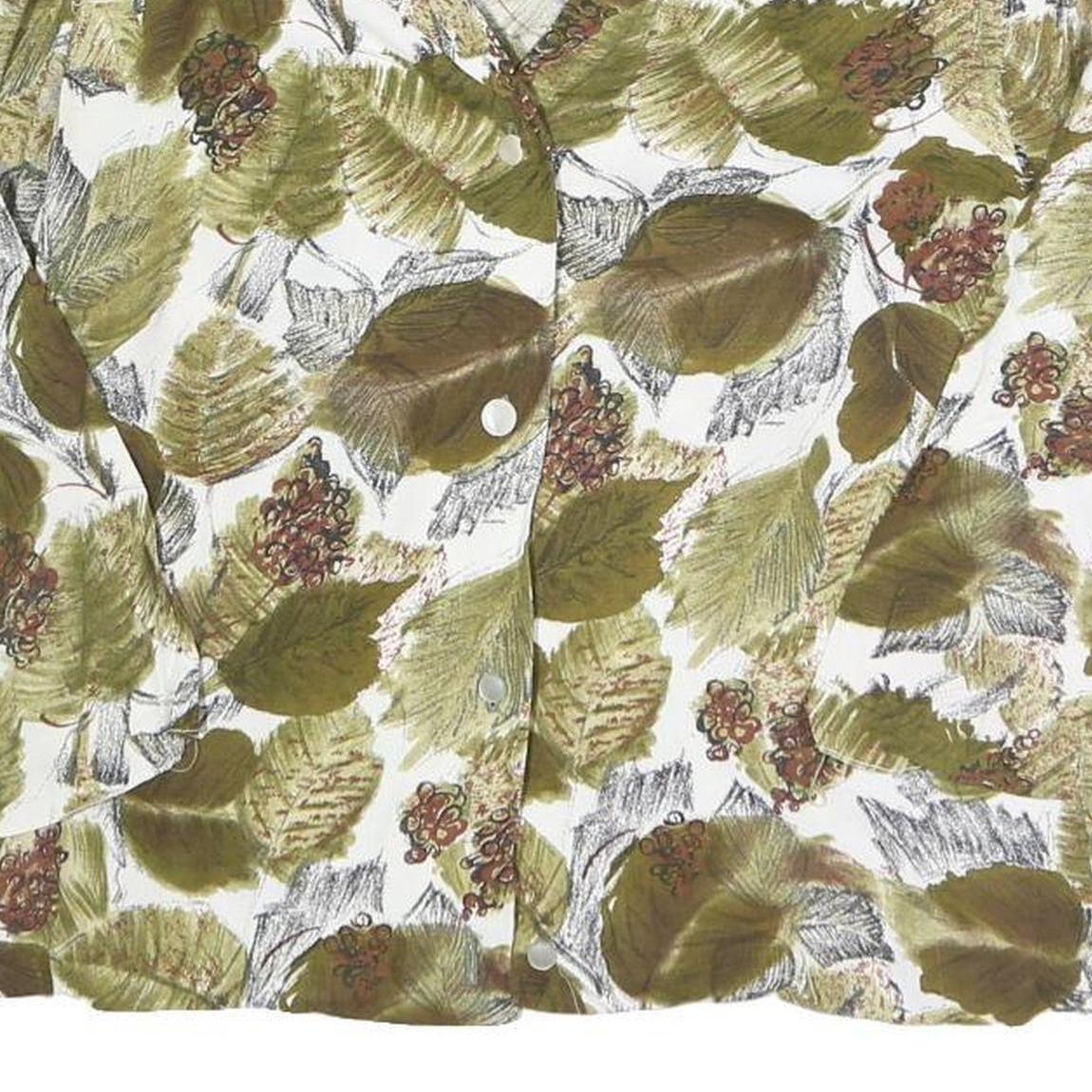 Womens White Green Leaf Print Basic Shirt Long Sleeve Collared Cotton S Button