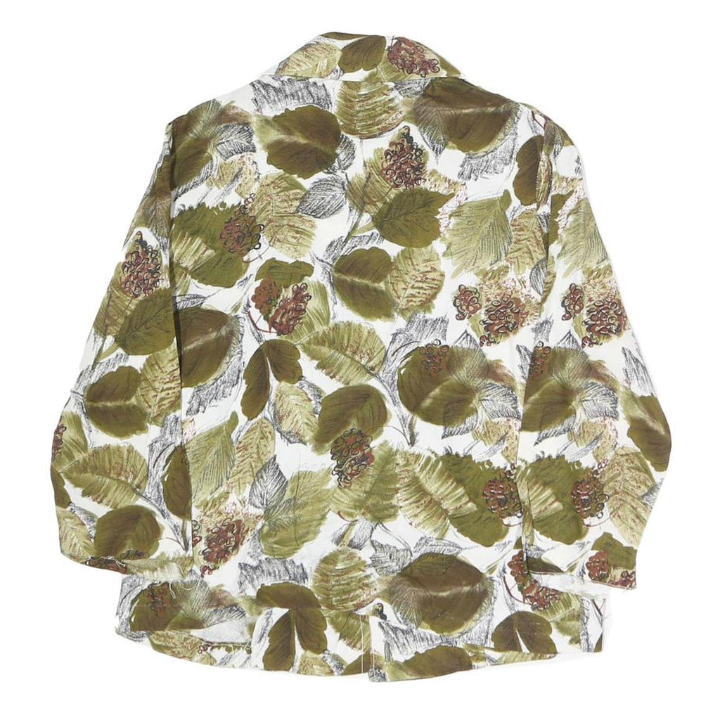 Womens White Green Leaf Print Basic Shirt Long Sleeve Collared Cotton S Button