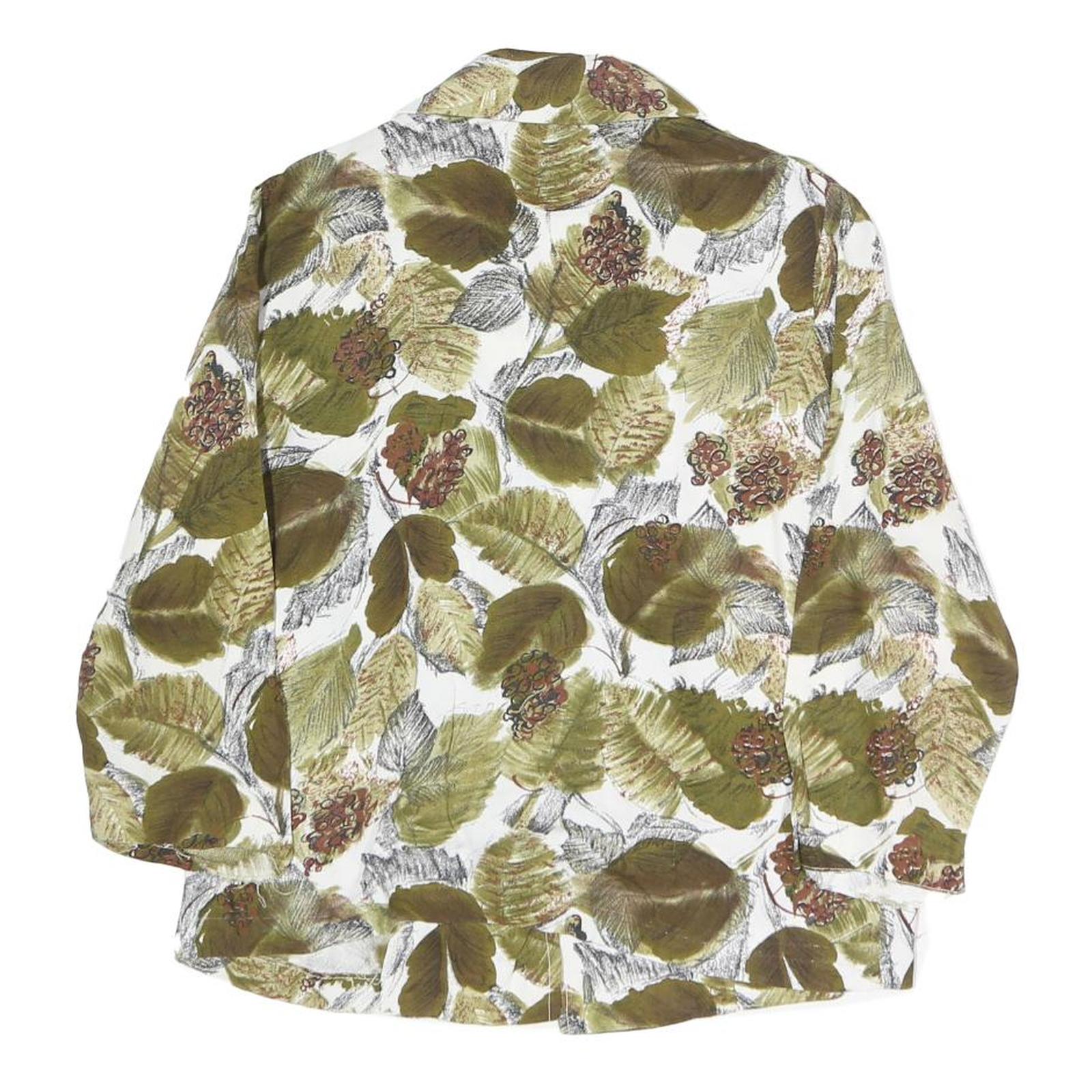 Womens White Green Leaf Print Basic Shirt Long Sleeve Collared Cotton S Button