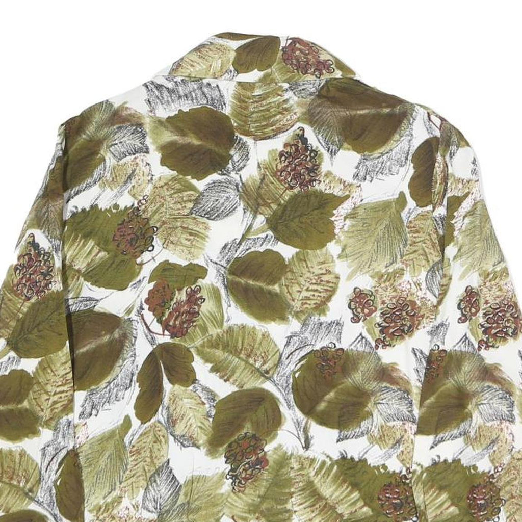 Womens White Green Leaf Print Basic Shirt Long Sleeve Collared Cotton S Button