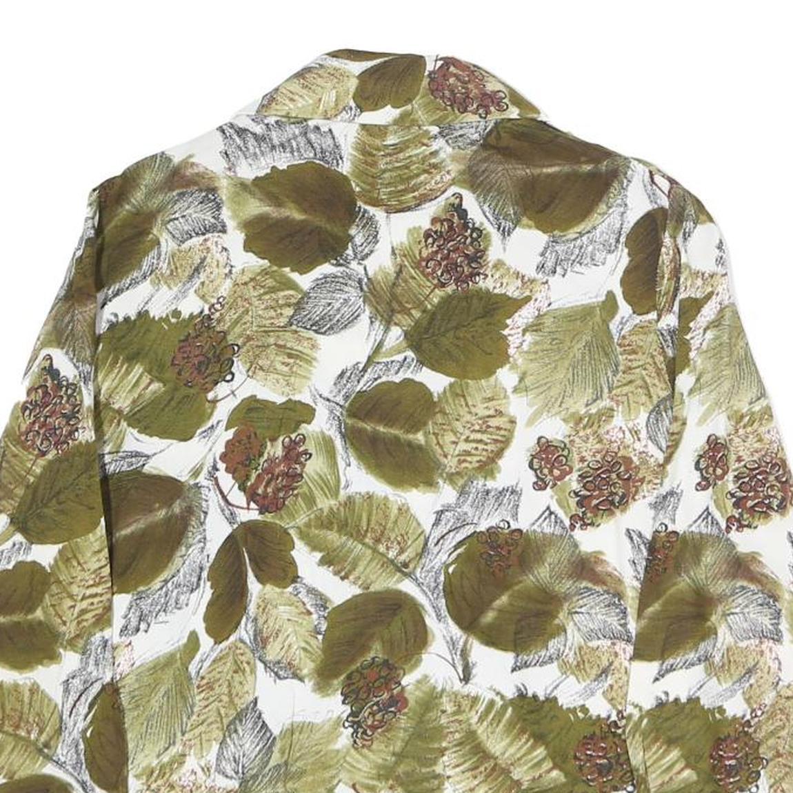 Womens White Green Leaf Print Basic Shirt Long Sleeve Collared Cotton S Button