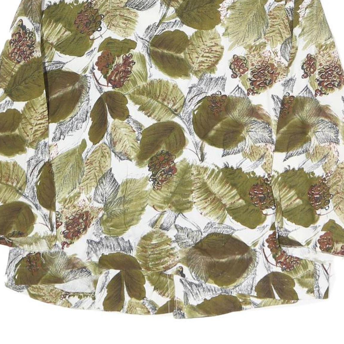 Womens White Green Leaf Print Basic Shirt Long Sleeve Collared Cotton S Button