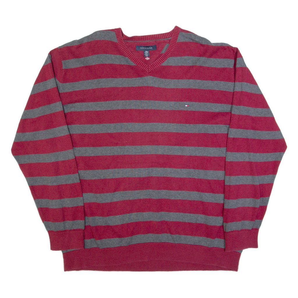 TOMMY HILFIGER Mens Patterned Jumper Maroon Striped V-Neck Tight Knit 2XL