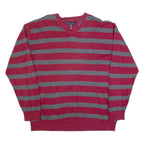 TOMMY HILFIGER Mens Patterned Jumper Maroon Striped V-Neck Tight Knit 2XL