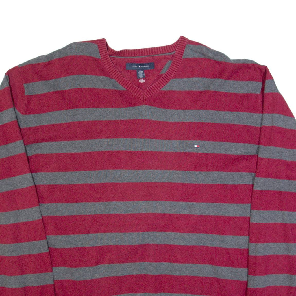 TOMMY HILFIGER Mens Patterned Jumper Maroon Striped V-Neck Tight Knit 2XL
