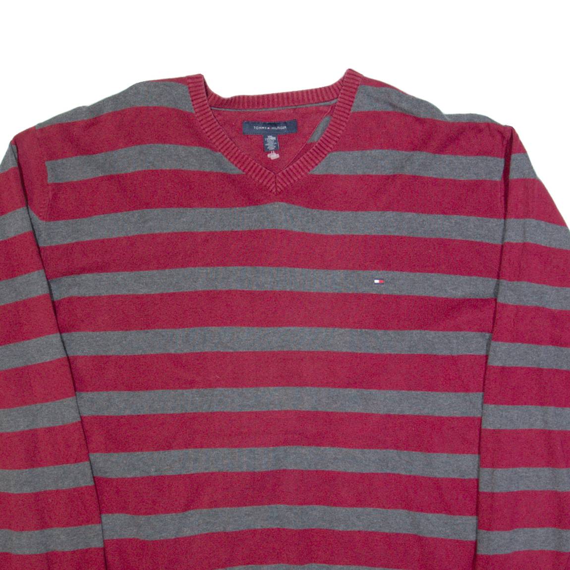 TOMMY HILFIGER Mens Patterned Jumper Maroon Striped V-Neck Tight Knit 2XL