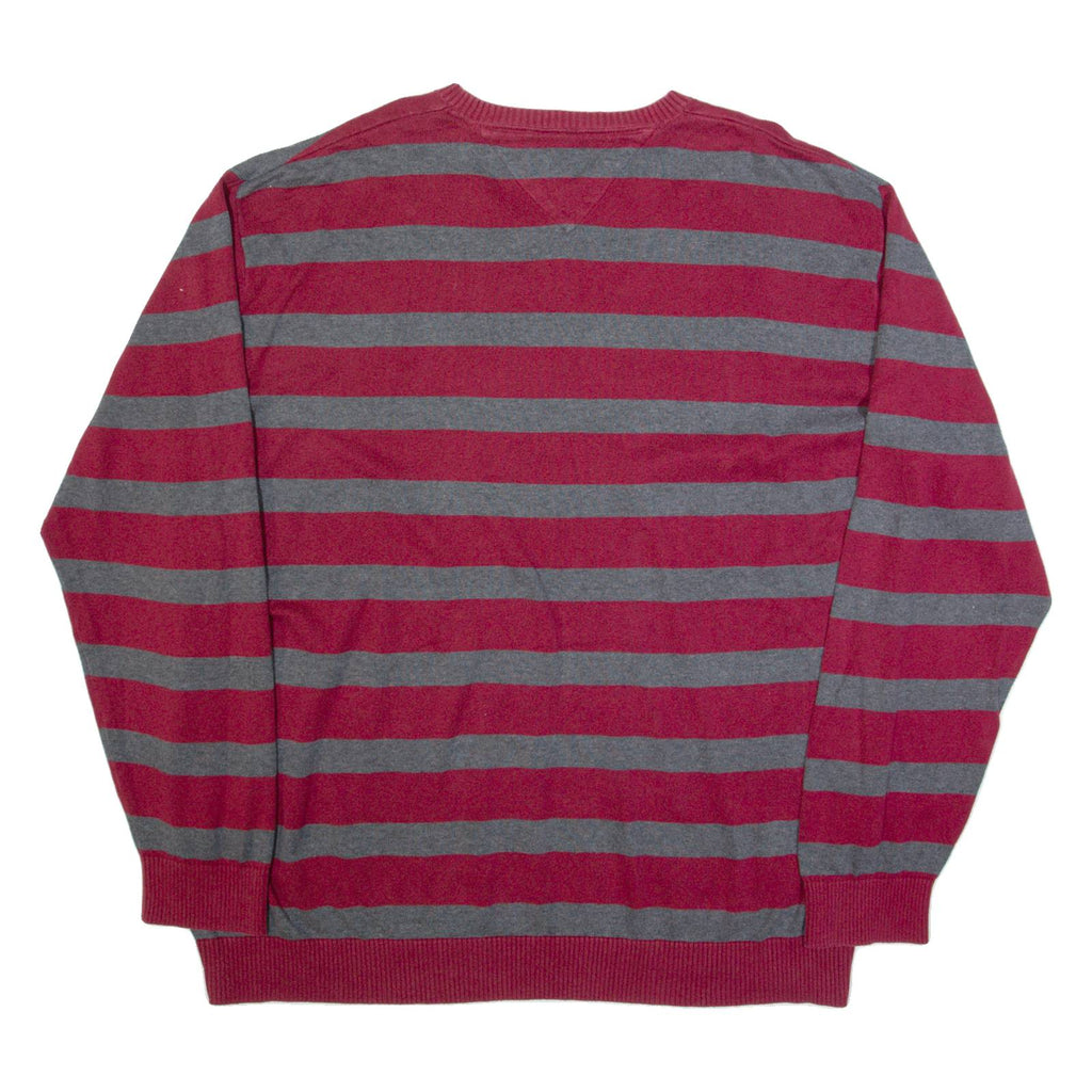 TOMMY HILFIGER Mens Patterned Jumper Maroon Striped V-Neck Tight Knit 2XL