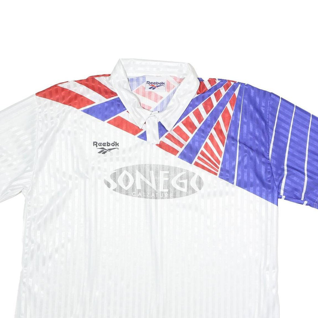 REEBOK Mens White & Red & Blue Short Sleeve Graphic 2XL Polyester Polo Shirt