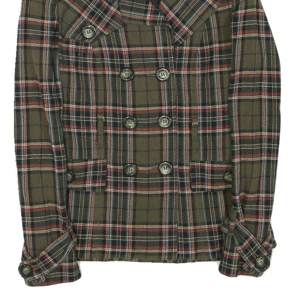 BENETTON Womens Green & Red Check Button Jacket XS Polyester Blend Classic Fit