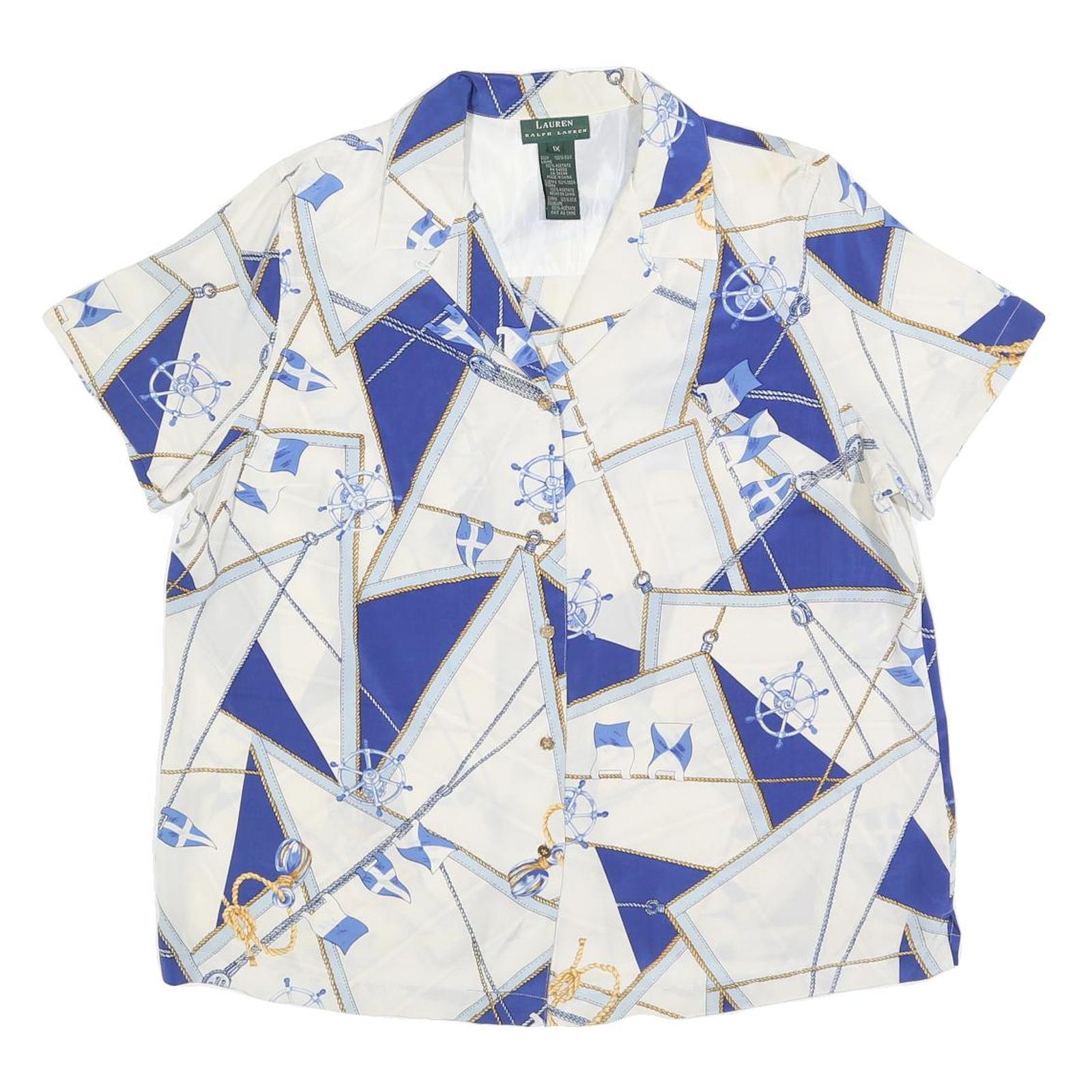LAUREN RALPH LAUREN Womens White & Blue Printed Silk Short Sleeve Shirt XL