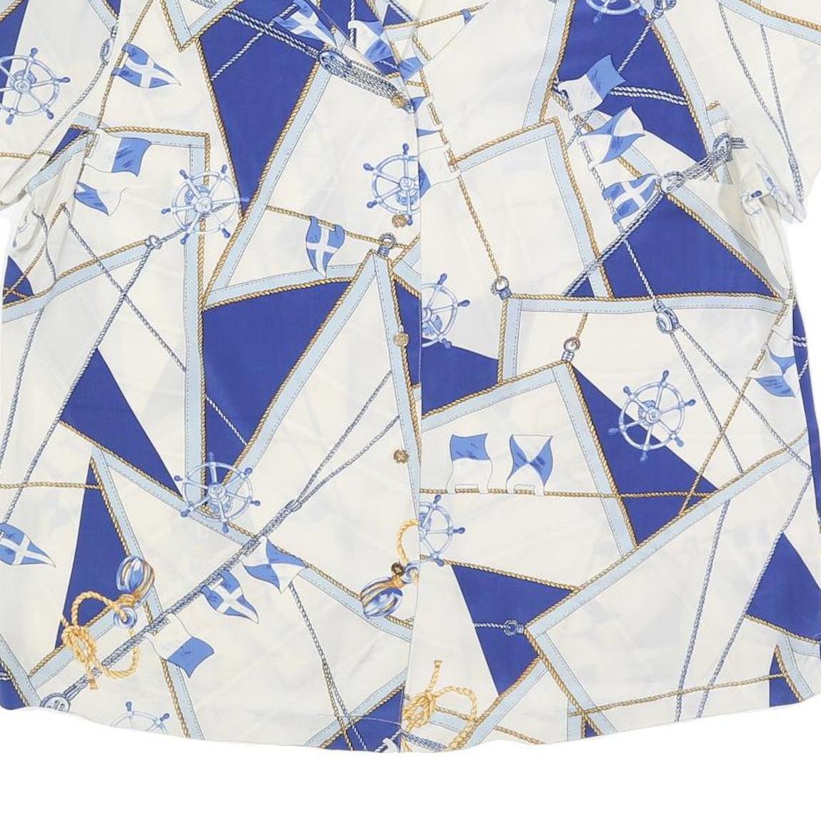 LAUREN RALPH LAUREN Womens White & Blue Printed Silk Short Sleeve Shirt XL