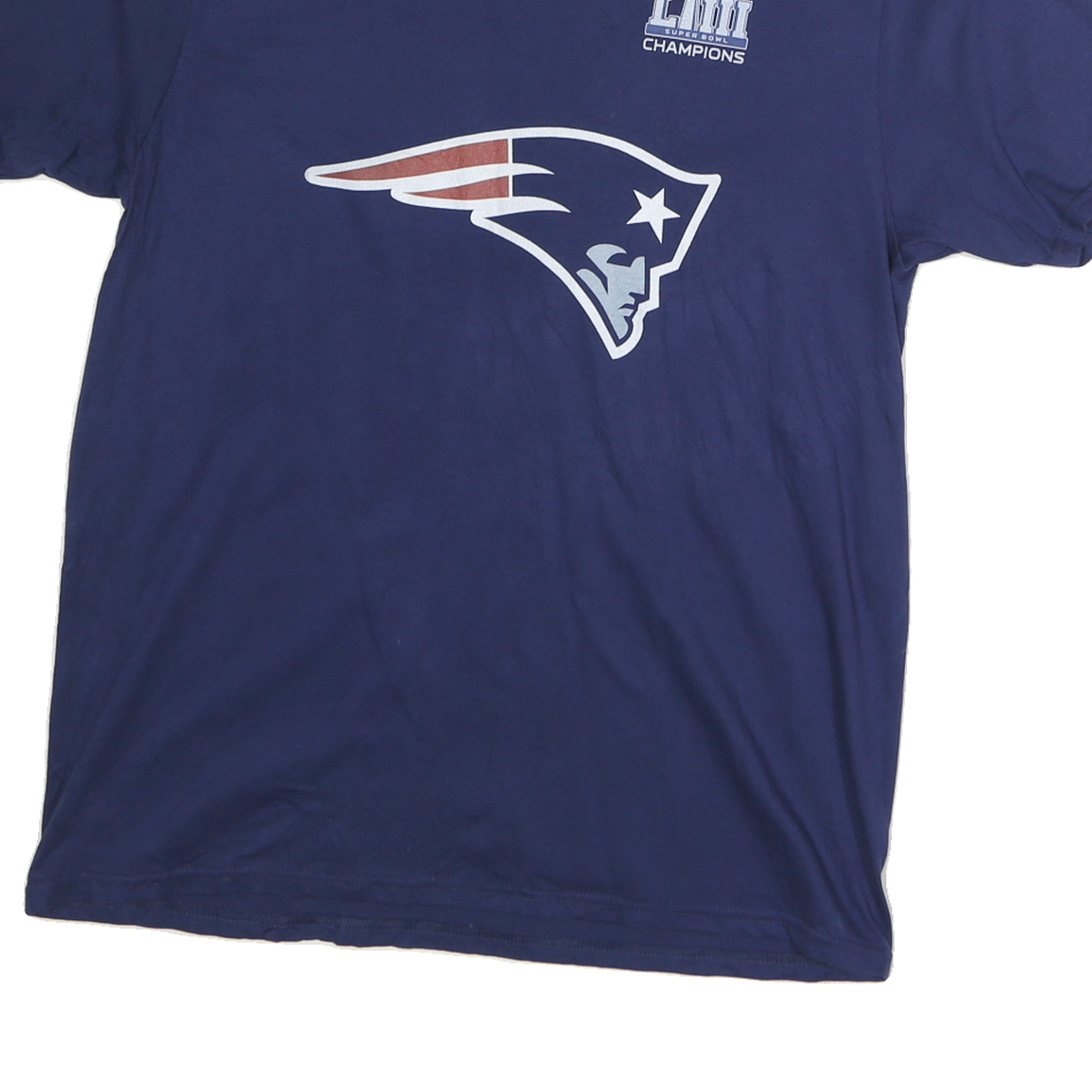 FANATICS Mens Blue NFL Super Bowl LIII Champions Jersey L Short Sleeve Crew Neck