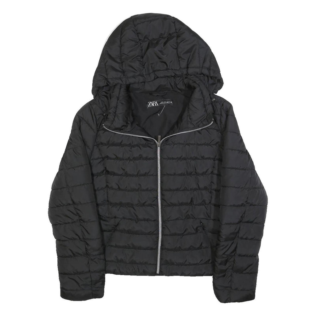 ZARA Womens Black Quilted Jacket XL Polyester Blend Hooded Zip Casual Outerwear