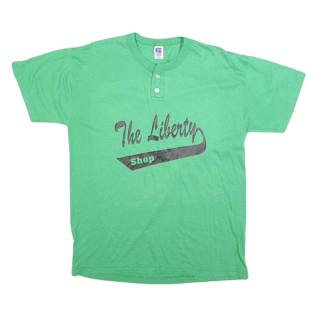 RUSSELL ATHLETIC Mens Green Graphic T-Shirt M Short Sleeve Crew Neck Button