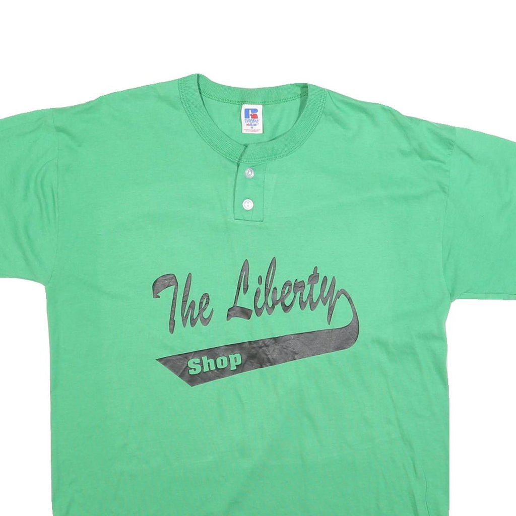 RUSSELL ATHLETIC Mens Green Graphic T-Shirt M Short Sleeve Crew Neck Button