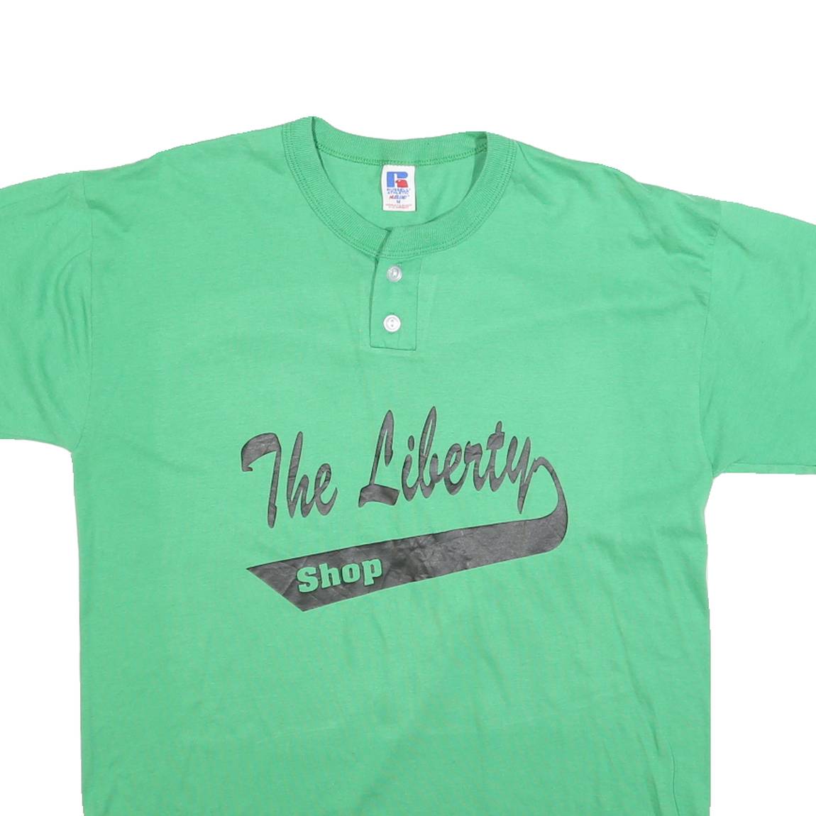 RUSSELL ATHLETIC Mens Green Graphic T-Shirt M Short Sleeve Crew Neck Button