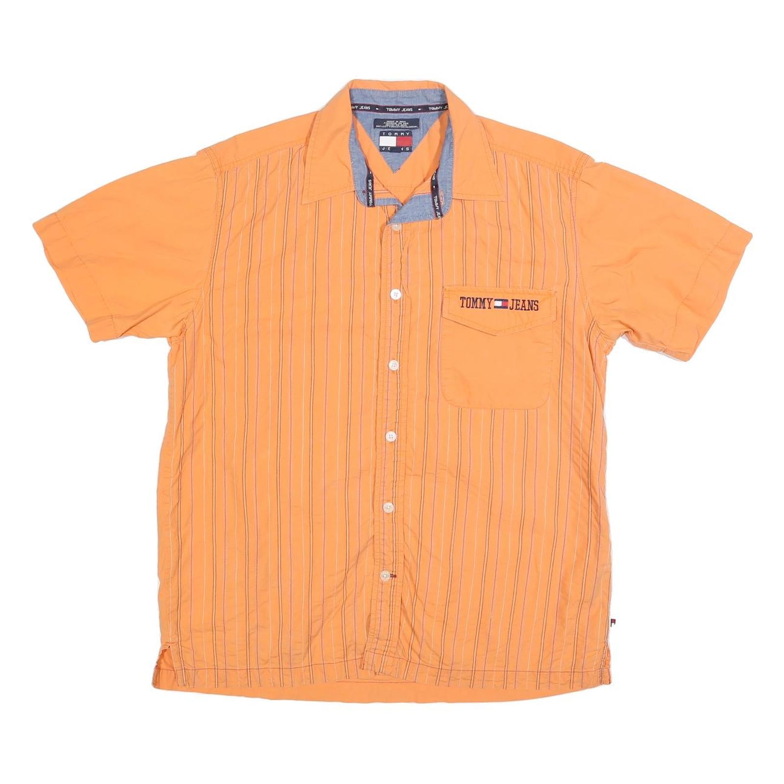 TOMMY JEANS Mens Orange Striped Shirt M Cotton Blend Casual Summer