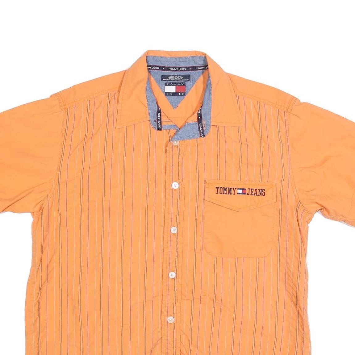 TOMMY JEANS Mens Orange Striped Shirt M Cotton Blend Casual Summer