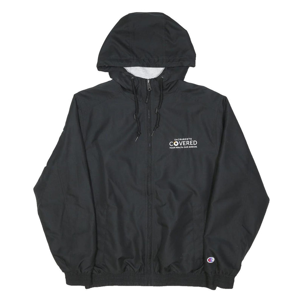 CHAMPION Mens Black Cotton Blend Hooded Zip Jacket S Sports Casual Lightweight