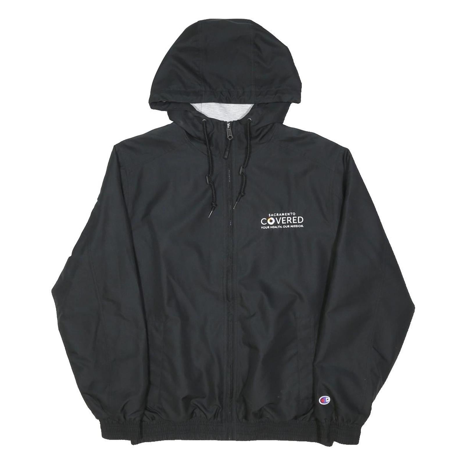 CHAMPION Mens Black Cotton Blend Hooded Zip Jacket S Sports Casual Lightweight