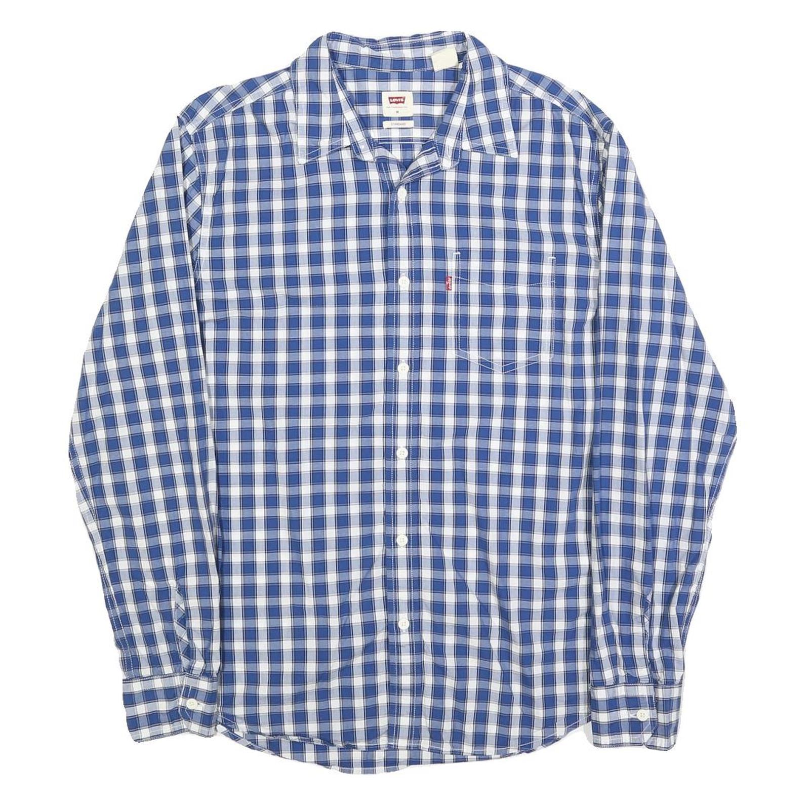LEVI'S Mens Blue & White Checked Shirt M Cotton Blend Casual Long Sleeve Button