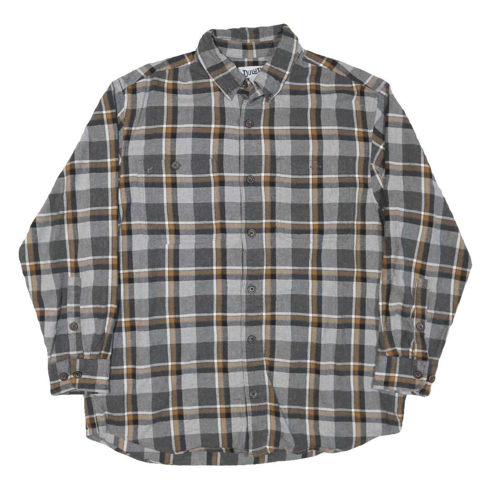 DULUTH Mens Grey & Brown Checked Cotton Blend Shirt L Button Down Casual Long