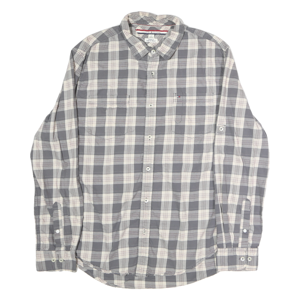 TOMMY HILFIGER Mens Grey & Cream Check Shirt L Cotton Long Sleeve Casual Fashion