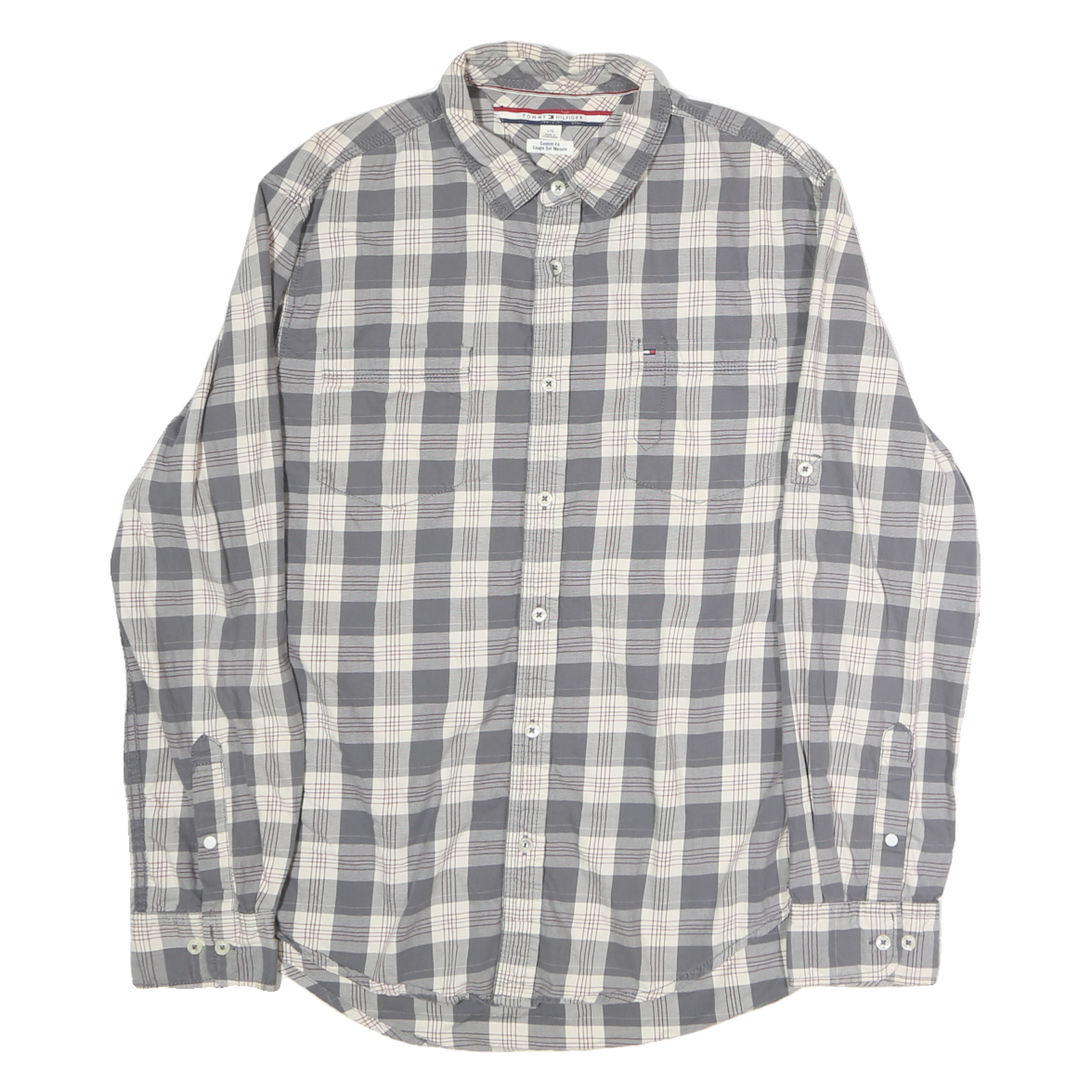 TOMMY HILFIGER Mens Grey & Cream Check Shirt L Cotton Long Sleeve Casual Fashion