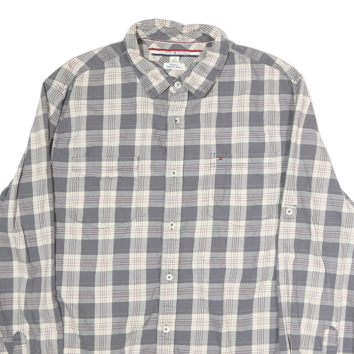 TOMMY HILFIGER Mens Grey & Cream Check Shirt L Cotton Long Sleeve Casual Fashion