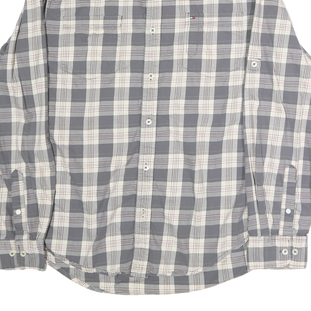 TOMMY HILFIGER Mens Grey & Cream Check Shirt L Cotton Long Sleeve Casual Fashion